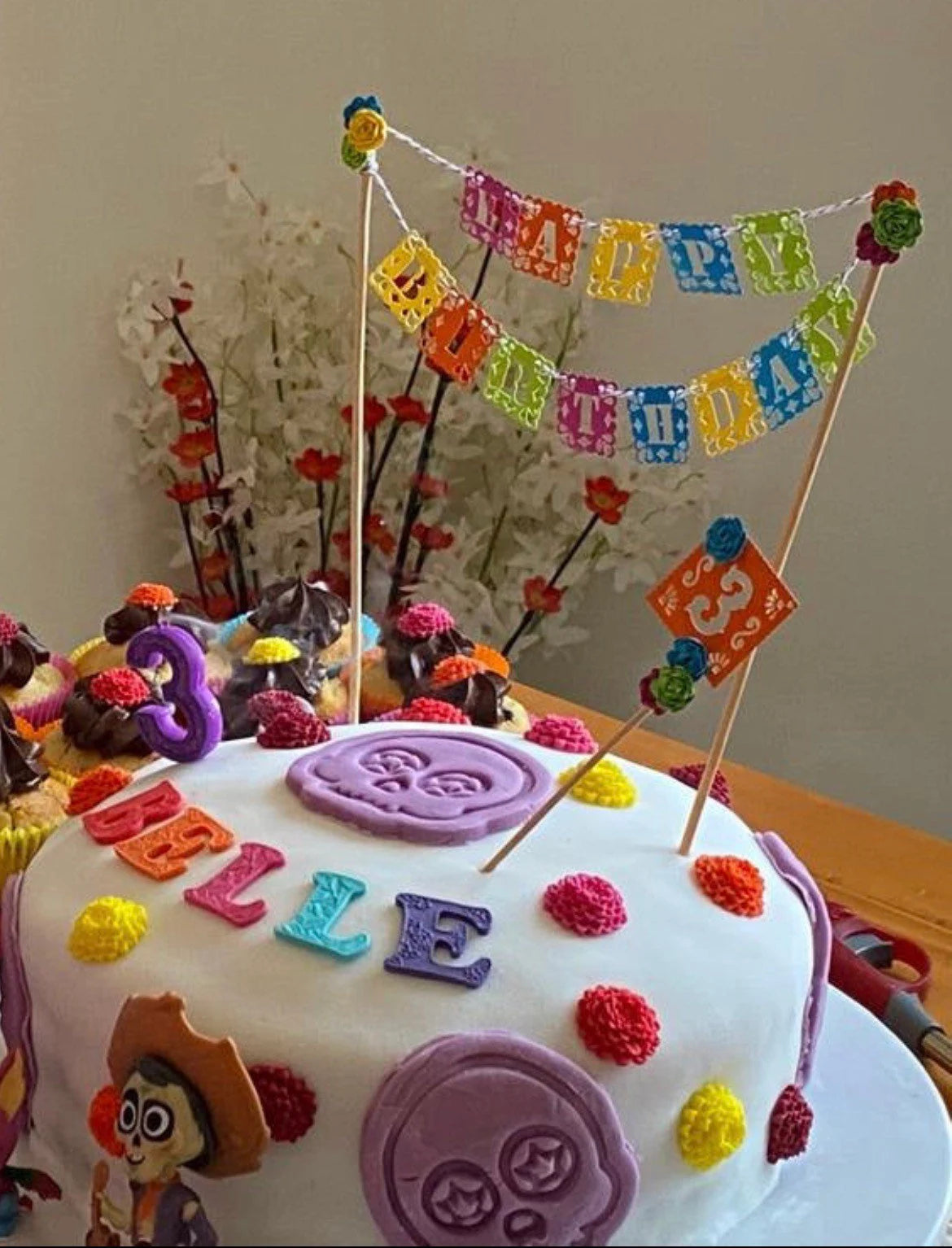 Happy birthday cake topper, Coco cake topper, day of the day cake topper, papel picado cake topper, Mexican cake topper, colourful topper