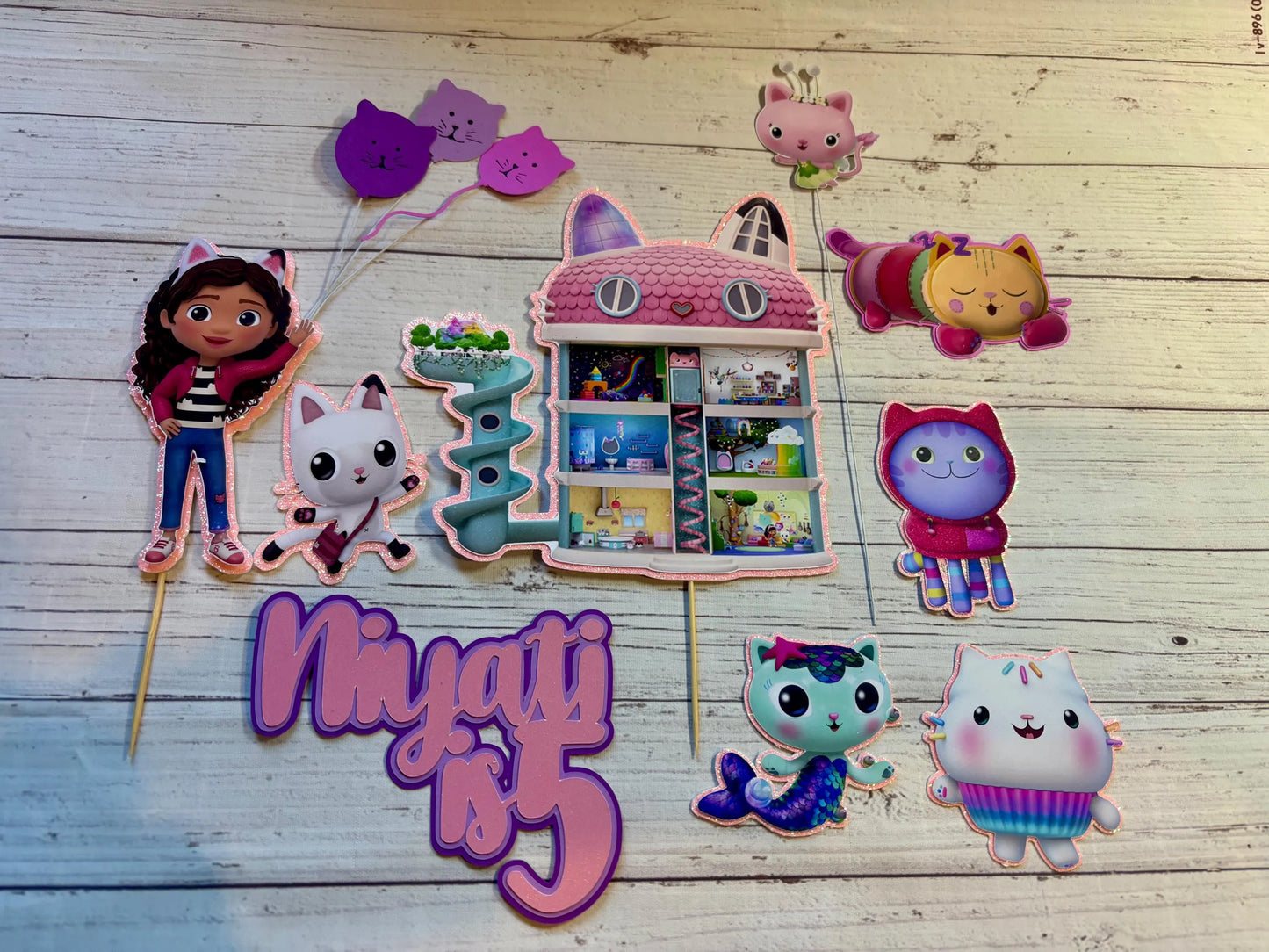 Gabby’s Dollhouse Cake Topper – Custom Birthday Name Topper with Kitty Fairy, Cakey & Pink Glitter