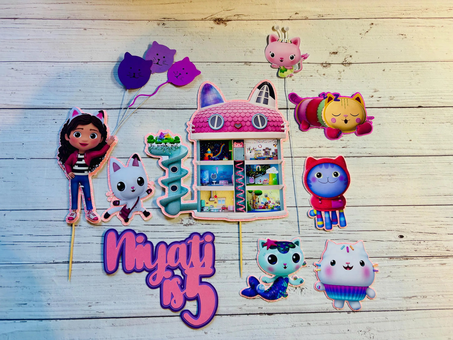 Gabby’s Dollhouse Cake Topper – Custom Birthday Name Topper with Kitty Fairy, Cakey & Pink Glitter